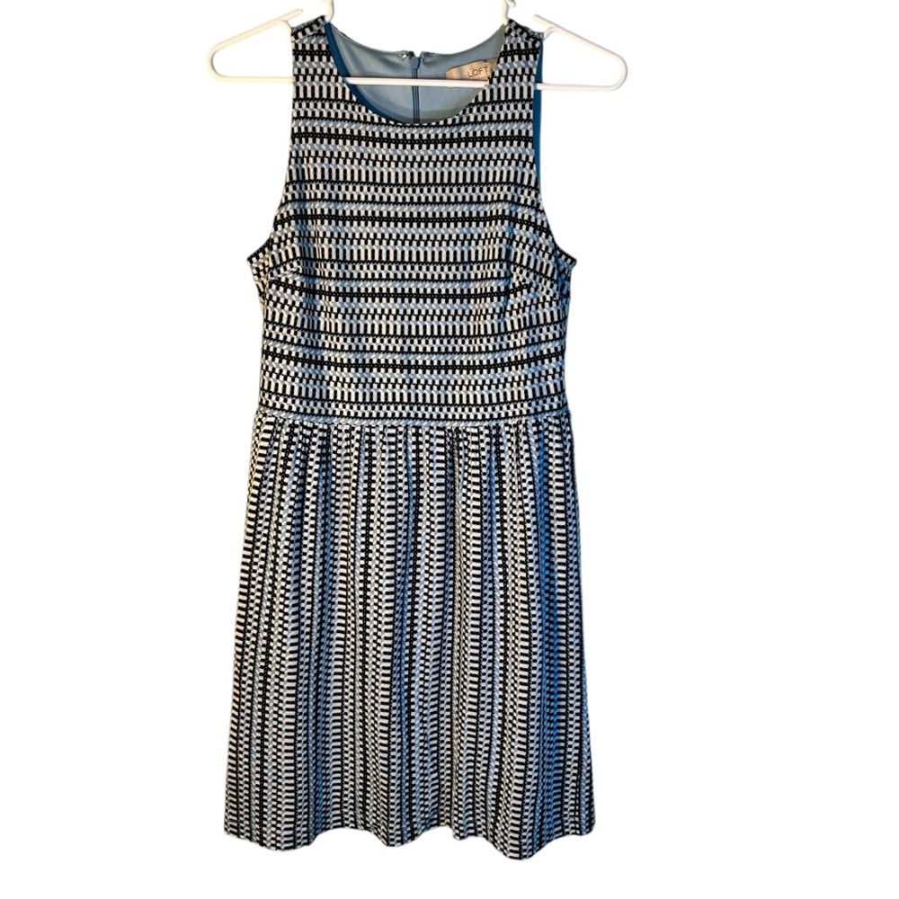 LOFT Blue, Black & White Sleeveless‎ A-Line Midi Dress    Small Petite